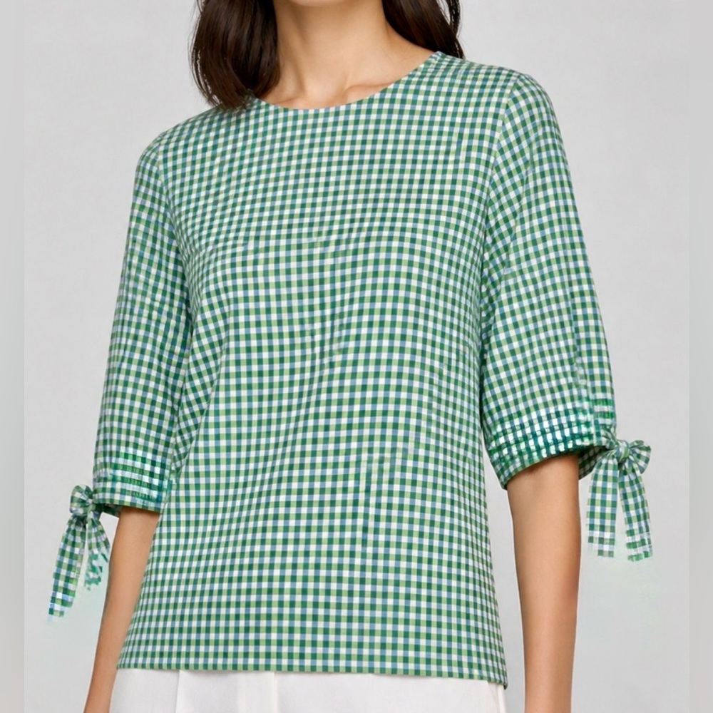 Lafayette 148 New York Margarita Ithaca Gingham Mini Check green blue Blouse Med